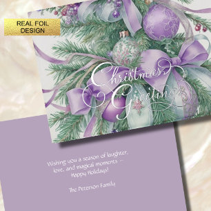 Ornaments Satin Ribbon Evergreen Purple Green Foil Holiday Card
