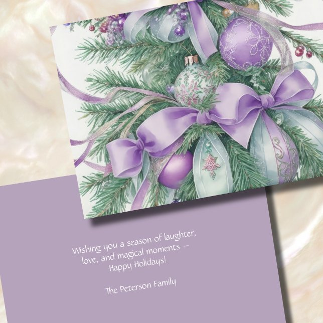 Ornaments Satin Ribbon Evergreen Purple Green Holiday Card (Creator Uploaded)