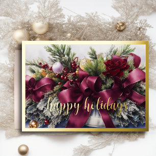 Ornaments Satin Ribbon Flocked Evergreen Burgundy Holiday Card