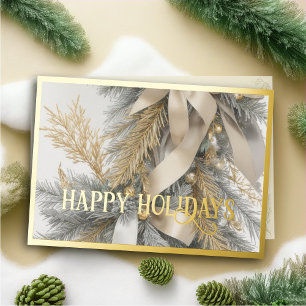 Ornaments Satin Ribbon Flocked Evergreen Grey Gold Holiday Card