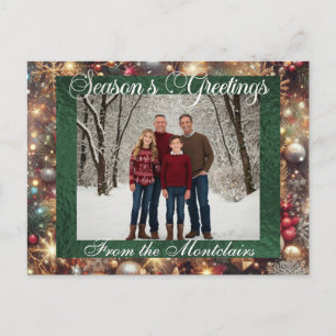 Ornaments, Silver Script & Framed Photo - Green Holiday Postcard