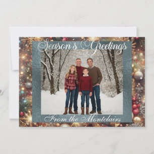 Ornaments, Silver Script & Framed Photo - Silver Holiday Card