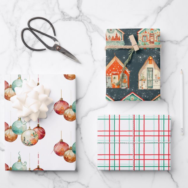 Ornaments, Snowy Houses and Christmas Plaid  Wrapping Paper Sheet (Front)