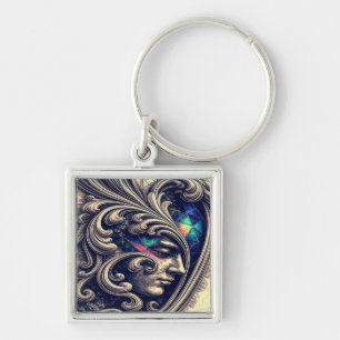 Ornate Abstract Face with Flowing Baroque Lines Key Ring