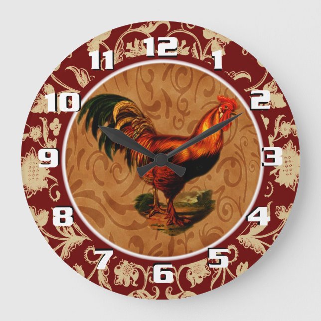 Ornate and Elegant Rustic Country Rooster Large Clock (Front)