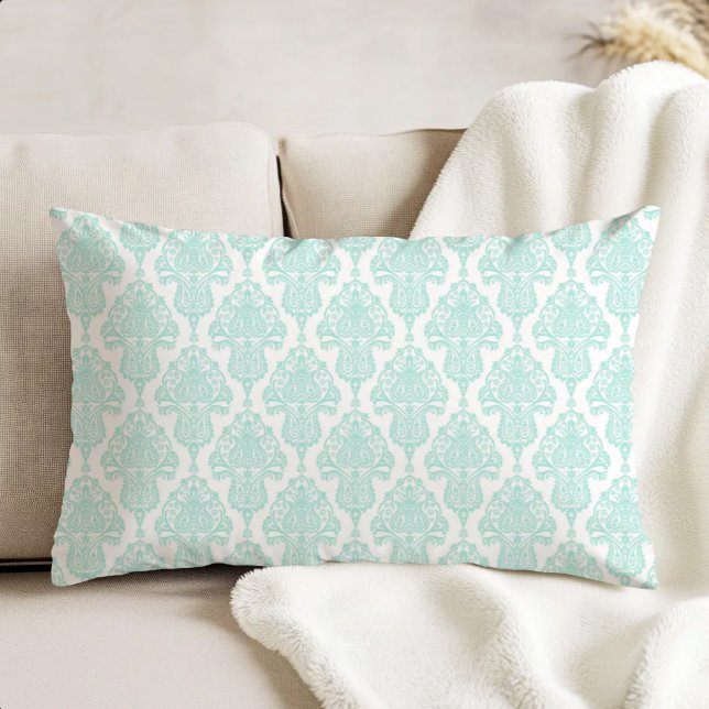 Ornate Antique Damask Pattern Aqua on White Decorative Cushion (Creator Uploaded)