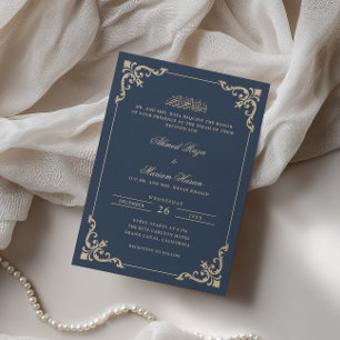 Ornate Antique Frame Gold Navy Blue Nikah Ceremony Invitation