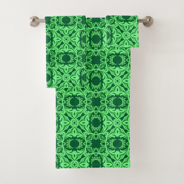 Ornate Arabesque Pattern - Emerald Green   Bath Towel Set (Insitu)
