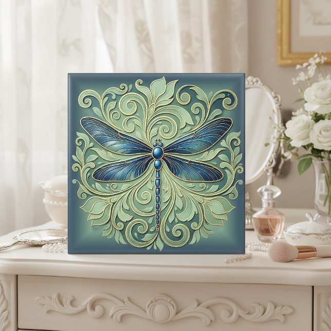 Ornate Art Nouveau Dragonfly Pat#12 Blue ID1222 Ceramic Tile (Creator Uploaded)