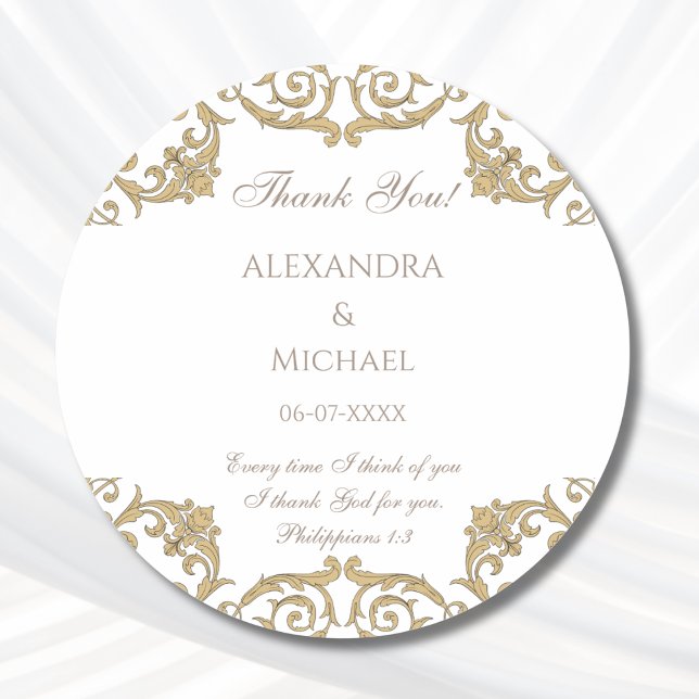 Ornate Baroque Christian Wedding Thank You  Classic Round Sticker (Creator Uploaded)