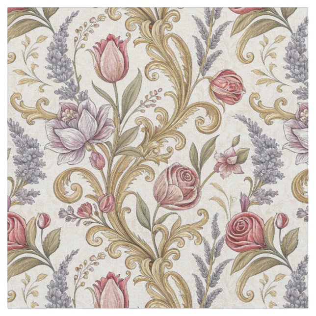 Ornate Baroque Floral Damask Design Pattern Art Fabric (Close Up)