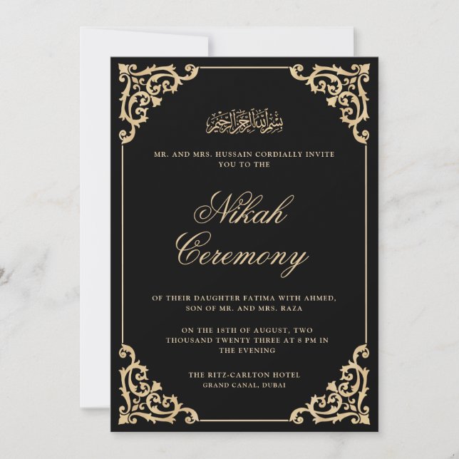 Ornate Baroque Gold Frame Black Nikah Wedding Invitation (Front)