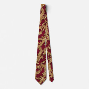 Ornate Baroque Golden Floral Damask Red Velvet Tie