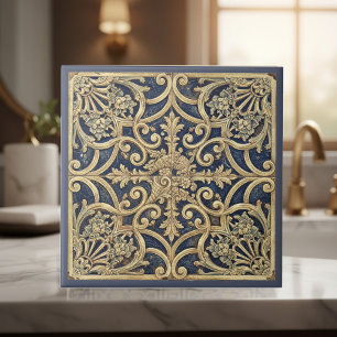 Ornate Baroque Pattern Pat#2 Blue Gold ID1195 Ceramic Tile