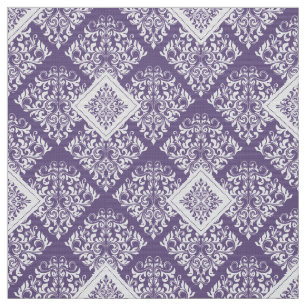ornate baroque purple White Damask Fabric