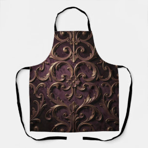 Ornate Baroque Scroll Pattern Deep Purple Gold Apron