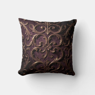 Ornate Baroque Scroll Pattern Deep Purple Gold Cushion