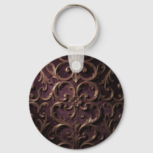 Ornate Baroque Scroll Pattern Deep Purple Gold Key Ring