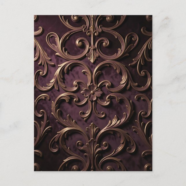 Ornate Baroque Scroll Pattern Deep Purple Gold Postcard (Front)
