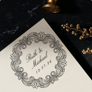 Ornate Baroque Scrollwork Wooden Wedding Name Date Rubber Stamp