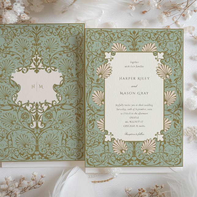 Ornate Baroque Style Sage Beige Wedding Invitation (Creator Uploaded)
