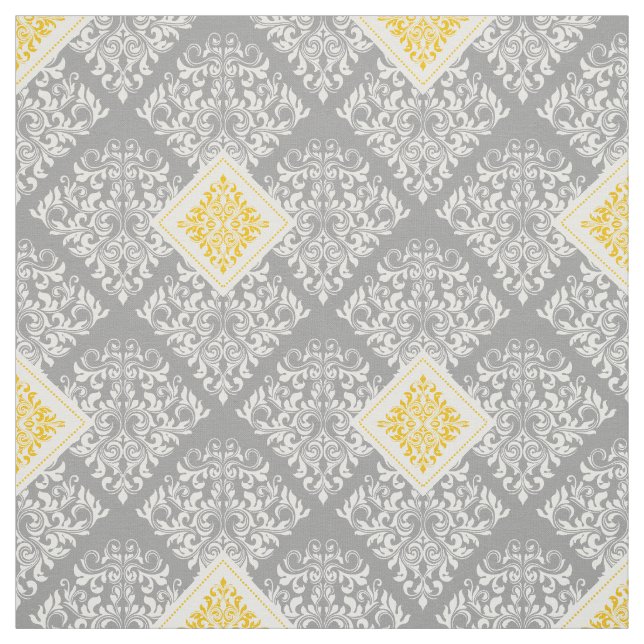 ornate baroque yellow grey Damask Fabric (Swatch)