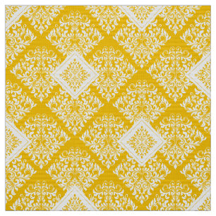 ornate baroque yellow White Damask Fabric