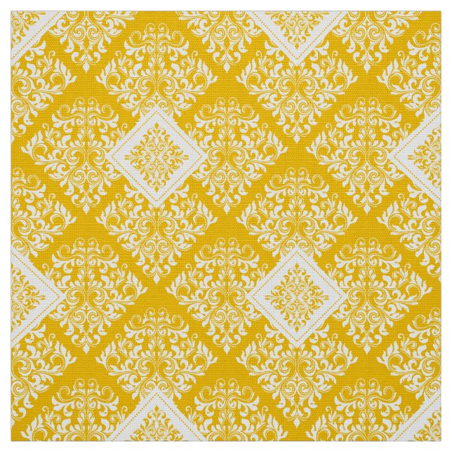 ornate baroque yellow White Damask Fabric (Swatch)