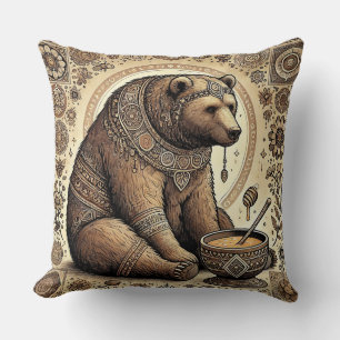 Ornate Bear Surrounded by Mandala and Honey  Cushion