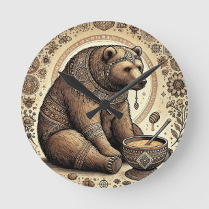 Ornate Bear Surrounded by Mandala and Honey Round Clock