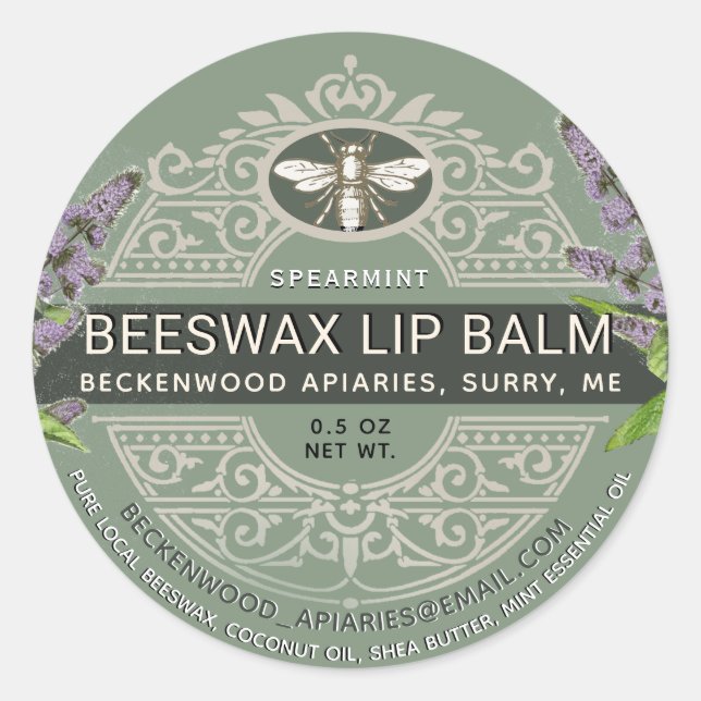 Ornate Beeswax Lip Balm Heraldic Bee Spearmint Classic Round Sticker (Front)