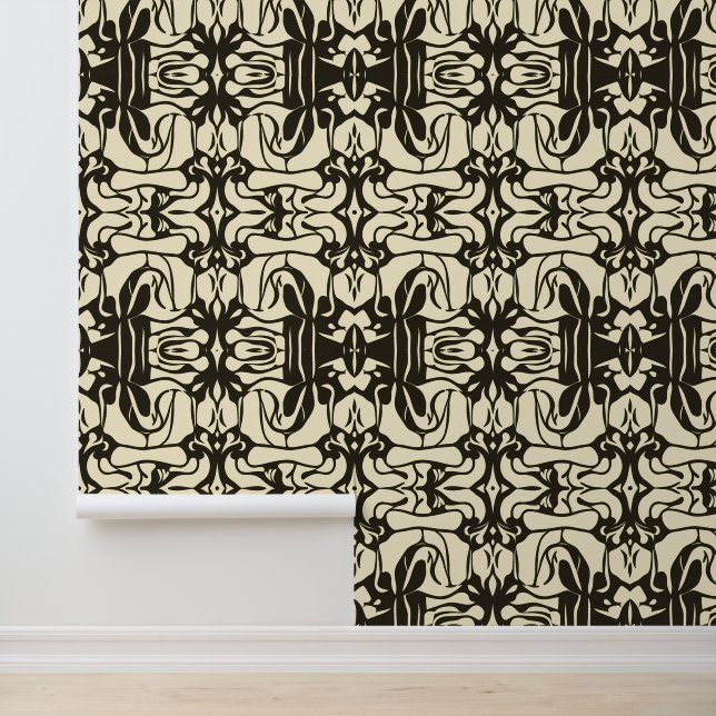 Ornate Black and Cream Abstract Pattern Wallpaper (Application)