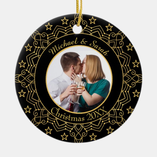 Ornate Black and Gold Frame Custom Photo Ceramic Ornament (Front)