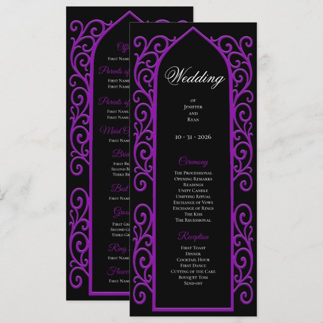 Ornate black and purple Gothic Wedding Program (Front/Back)