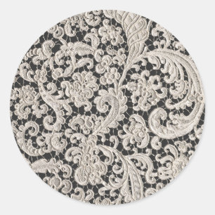 Ornate Black and White Floral Lace Pattern Classic Round Sticker