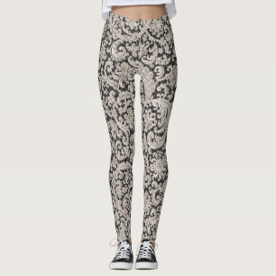 Ornate Black and White Floral Lace Pattern Leggings