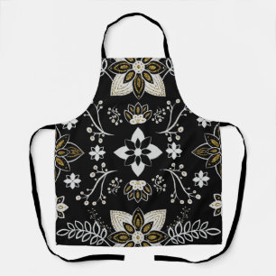 Ornate black and white floral pattern apron
