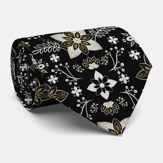 Ornate black and white floral pattern  tie (Rolled)