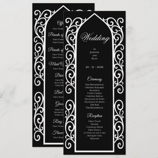 Ornate black and white Gothic Wedding Program (Front/Back)
