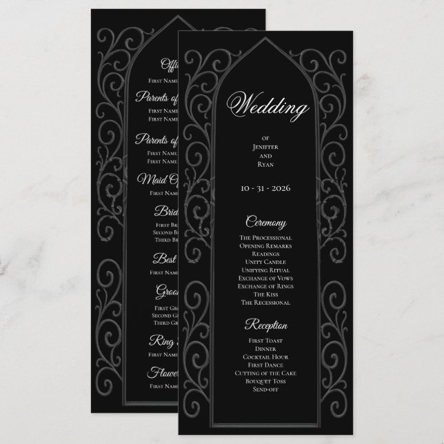 Ornate black and white Gothic Wedding Program (Front/Back)