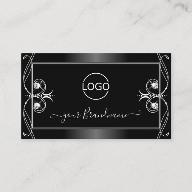 Ornate Black and White Sparkling Diamonds add Logo Business Card (Front)