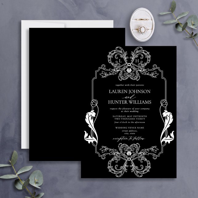 Ornate Black Floral Line Art Monogram Wedding Invitation (Creator Uploaded)