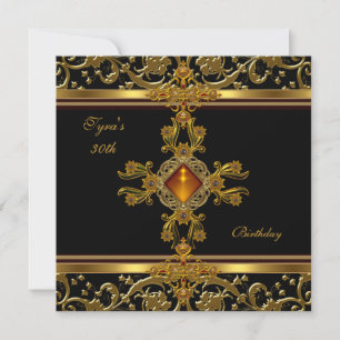 Ornate Black Gold Amber Jewel 30th Birthday Invitation