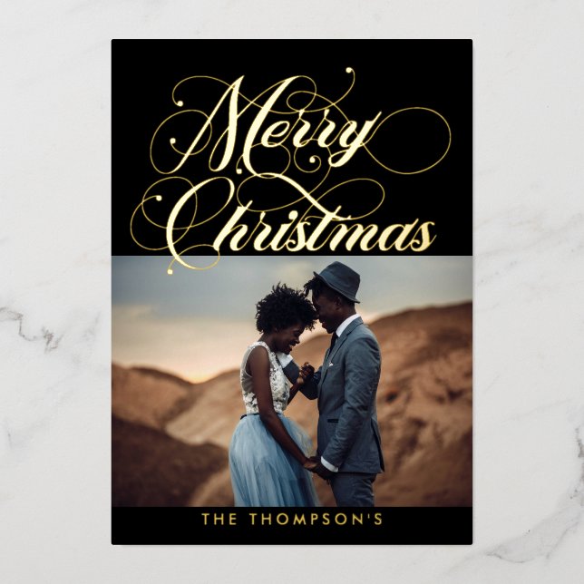 Ornate Black Gold MerryChristmas Foil Holiday Card (Front)