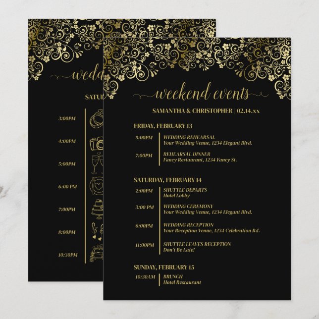 Ornate Black & Gold Wedding Events & Timeline Program (Front/Back)