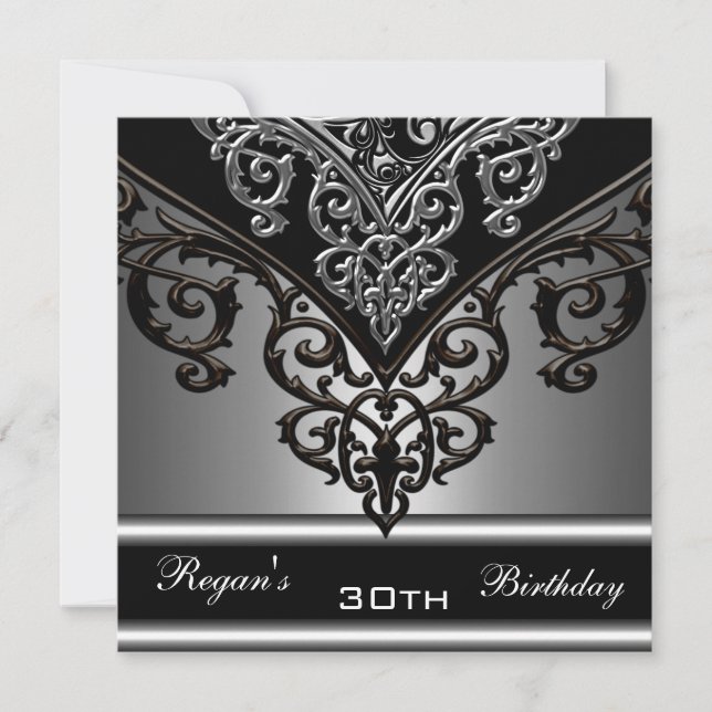 Ornate Black Grey Silver 30th Elegant Birthday Invitation (Front)