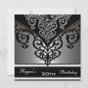 Ornate Black Grey Silver 30th Elegant Birthday Invitation