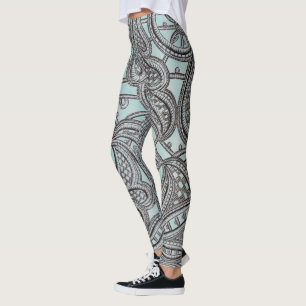 Ornate Black Lace and Teal Pattern Leggings