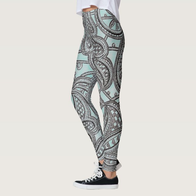 Ornate Black Lace and Teal Pattern Leggings (Left)