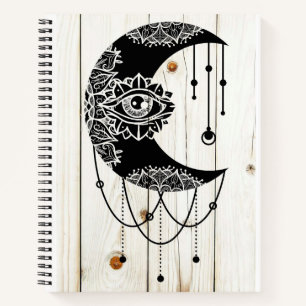 Ornate black moon eye mandala faded wood planks notebook
